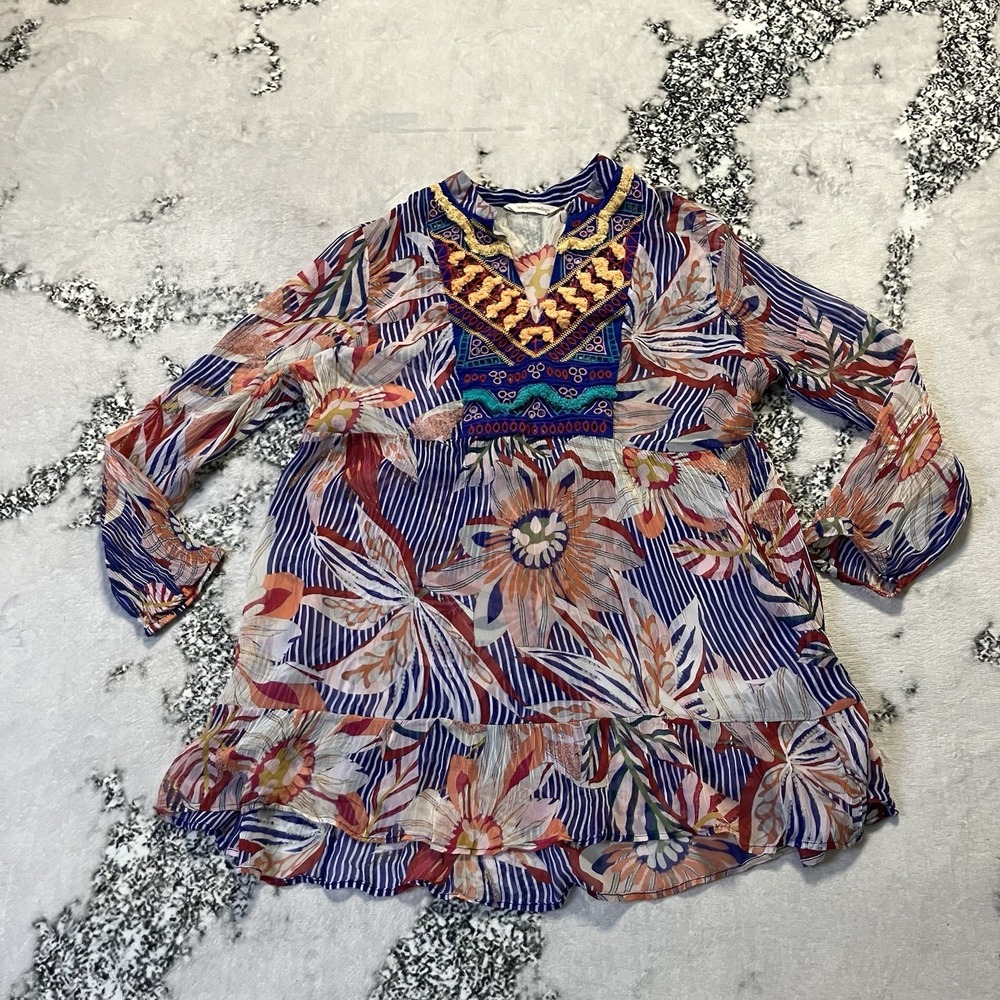 Soft Surroundings‎ Shirt Sz L Sheer Tory Tunic Floral Striped Embroidered Boho